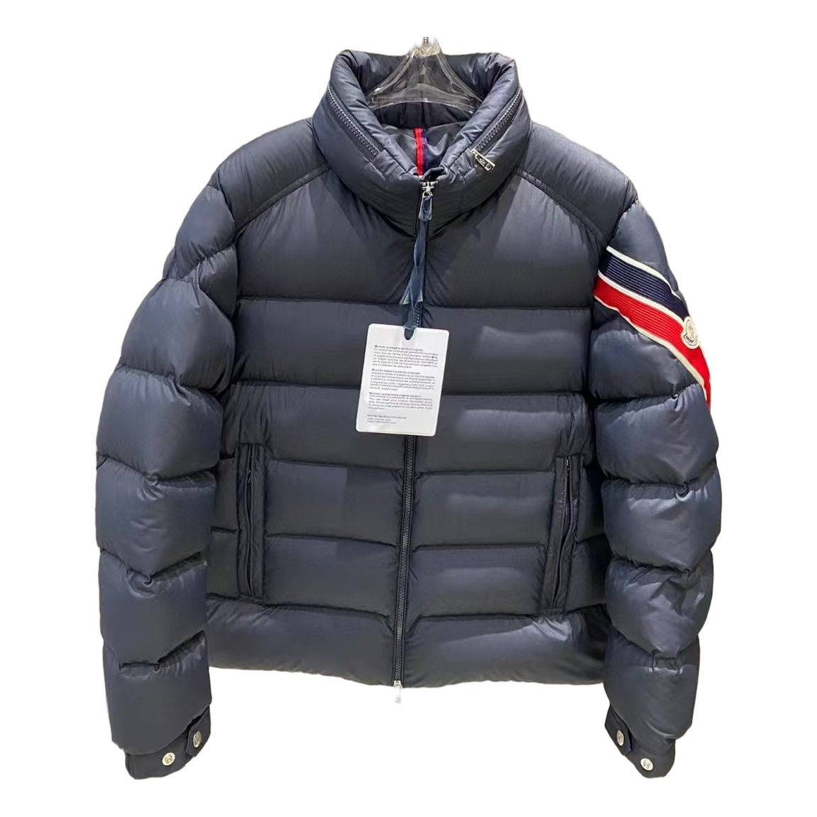 Moncler Stand-Collar Down Jacket in Navy with Tricolor Sleeve Band