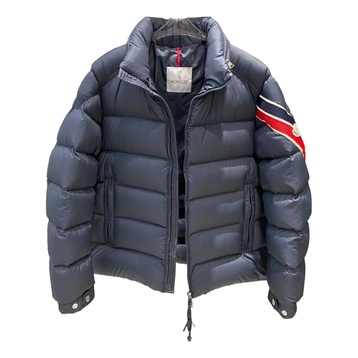 Moncler Stand-Collar Down Jacket in Navy with Tricolor Sleeve Band