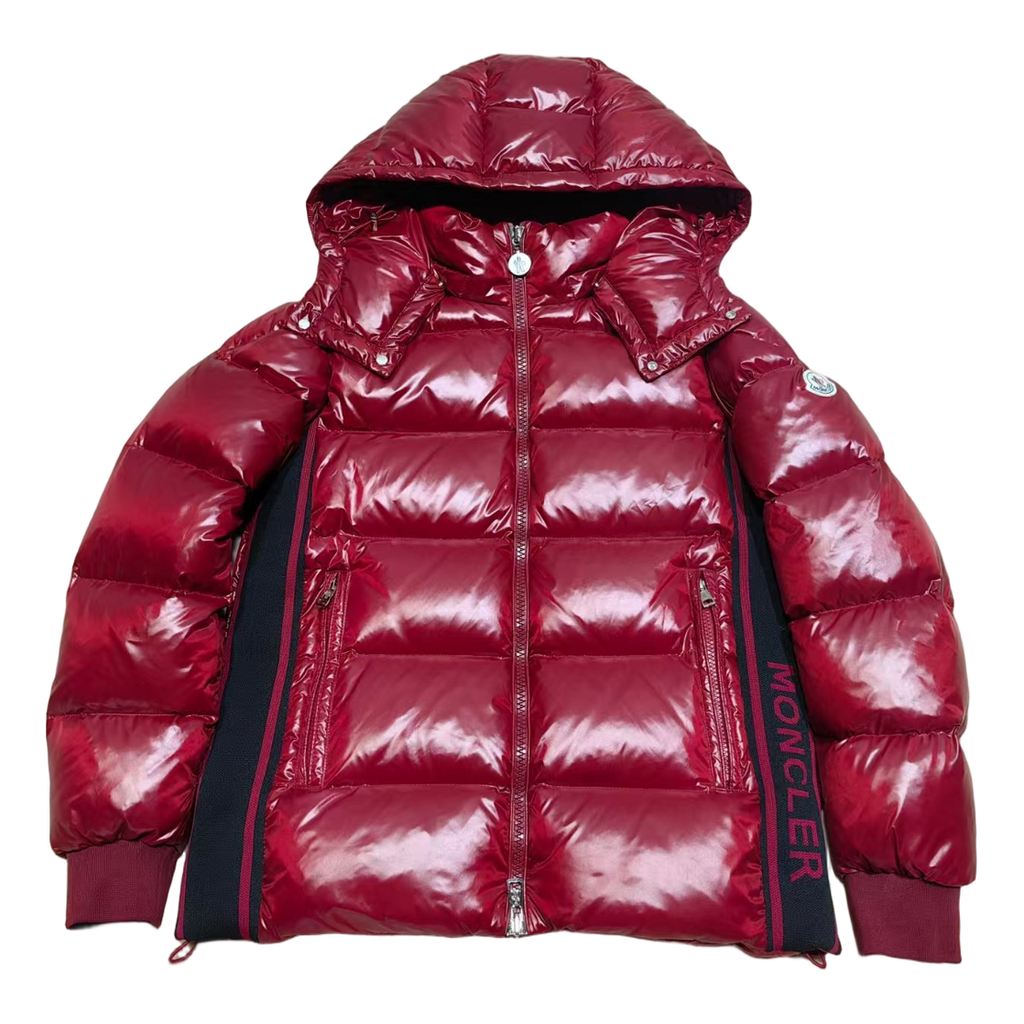 Moncler Glossy Hooded Down Jacket in Red with Logo Zip