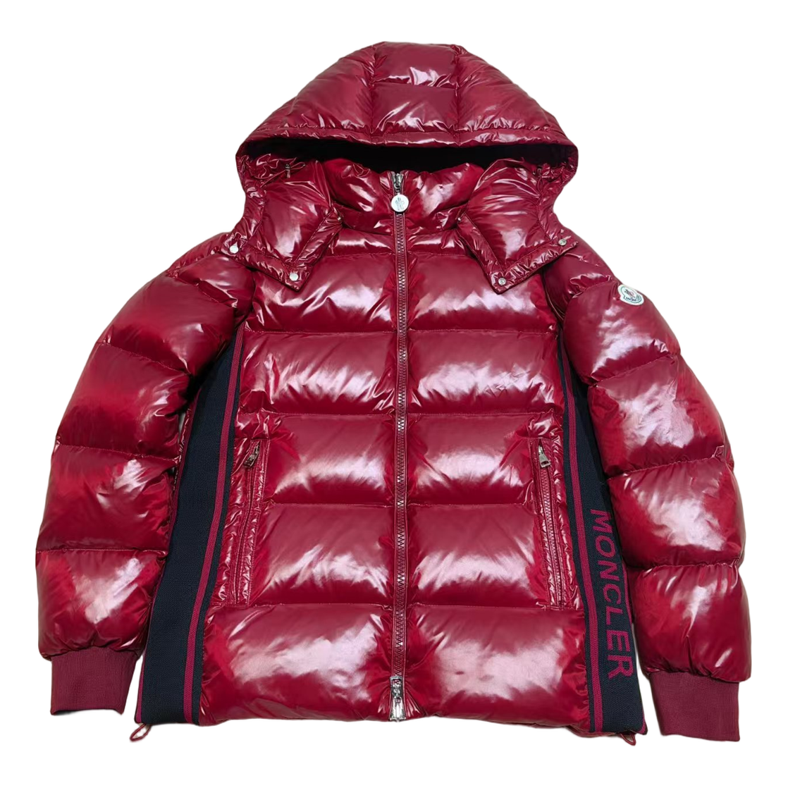 Moncler Glossy Hooded Down Jacket in Red with Logo Zip