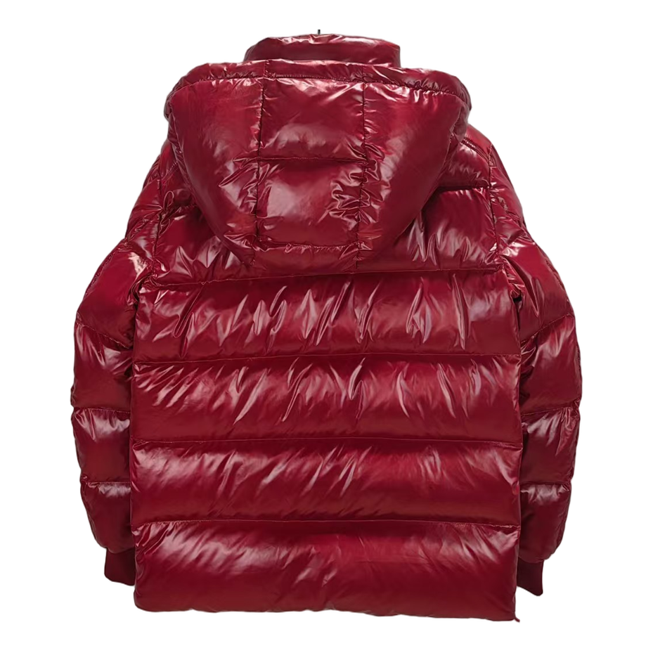 Moncler Glossy Hooded Down Jacket in Red with Logo Zip