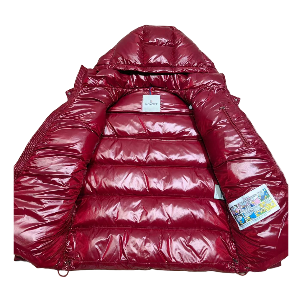 Moncler Glossy Hooded Down Jacket in Red with Logo Zip