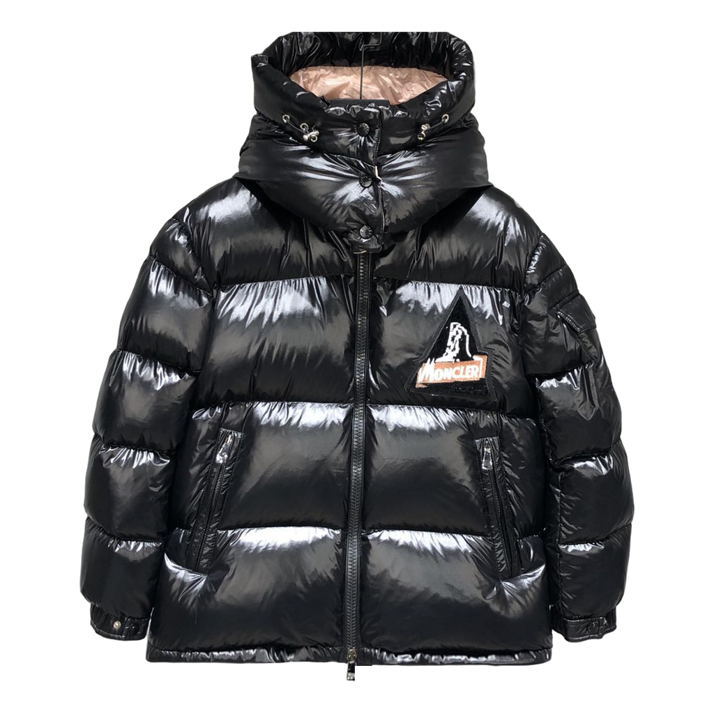 Moncler Glossy Short Down Jacket in Black with Mountain Badge