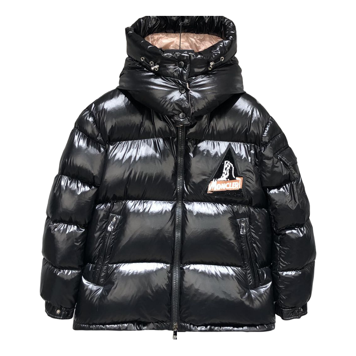 Moncler Glossy Short Down Jacket in Black with Mountain Badge