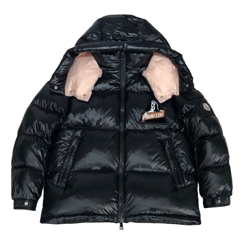 Moncler Glossy Short Down Jacket in Black with Mountain Badge