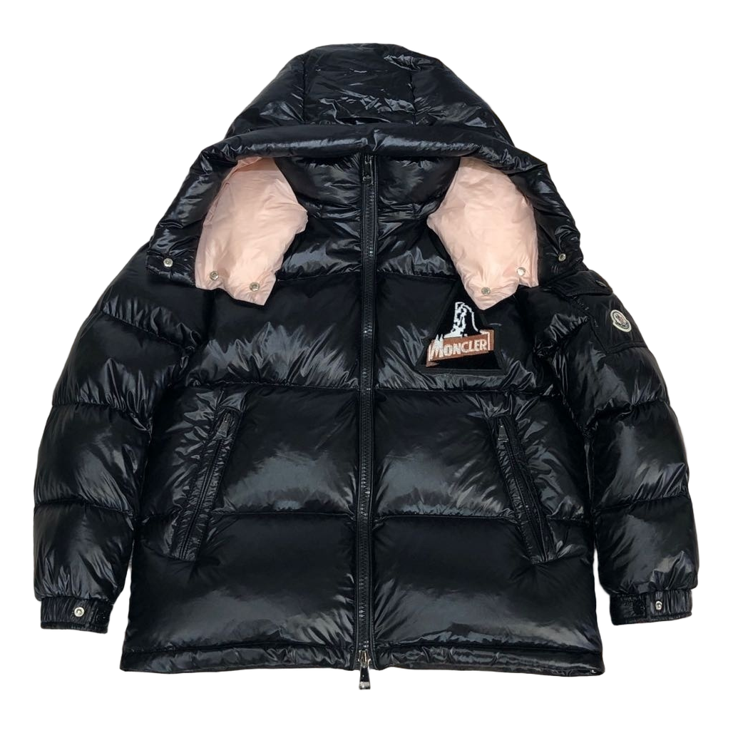 Moncler Glossy Short Down Jacket in Black with Mountain Badge