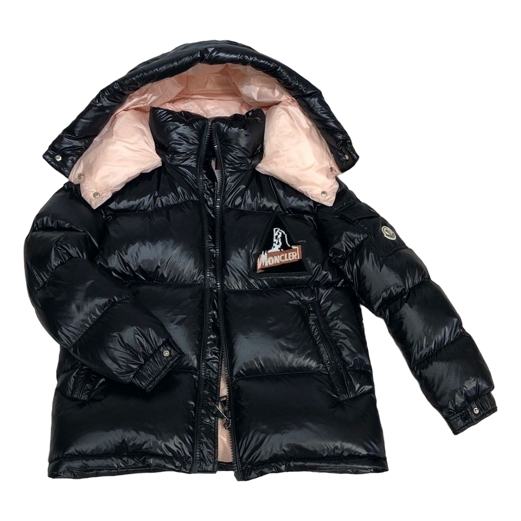 Moncler Glossy Short Down Jacket in Black with Mountain Badge
