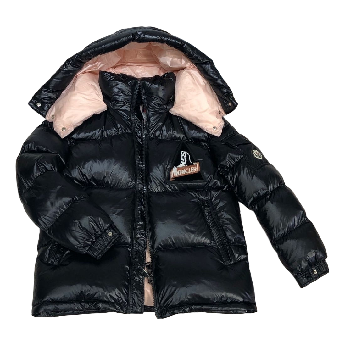 Moncler Glossy Short Down Jacket in Black with Mountain Badge