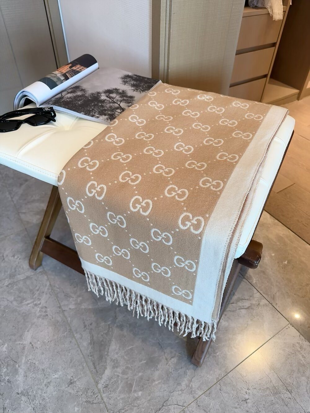 Gucci Black & Beige Fringed Shawl