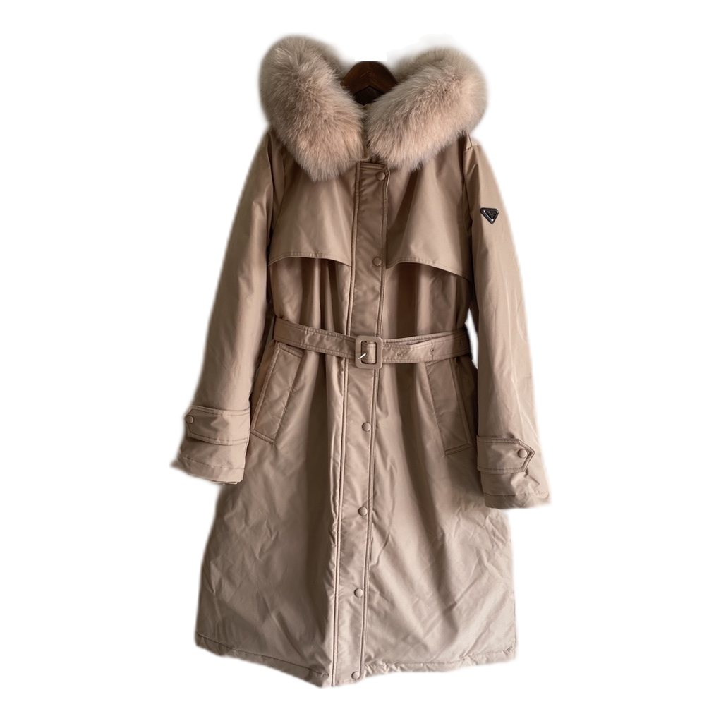 Prada Belted Hooded Coat with Faux Fur Trim - Blush Beige