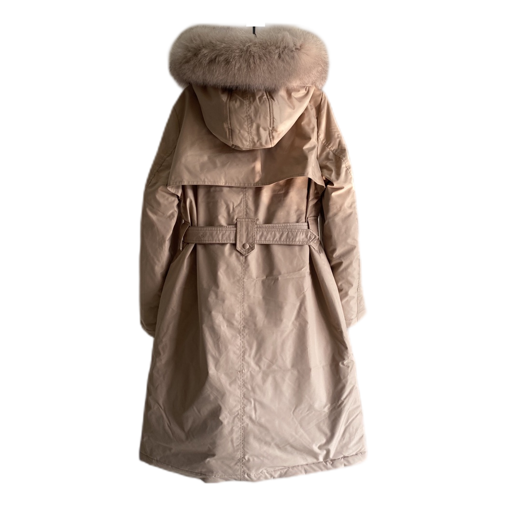 Prada Belted Hooded Coat with Faux Fur Trim - Blush Beige