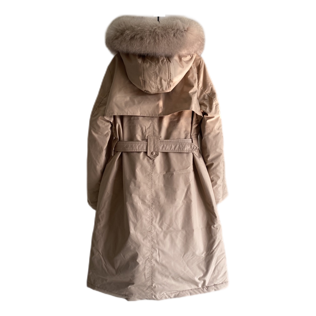 Prada Belted Hooded Coat with Faux Fur Trim - Blush Beige