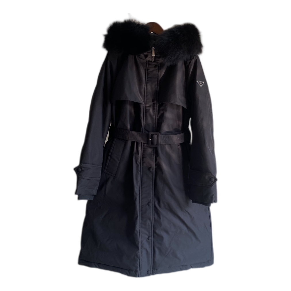 Prada Belted Hooded Coat with Faux Fur Trim - Black